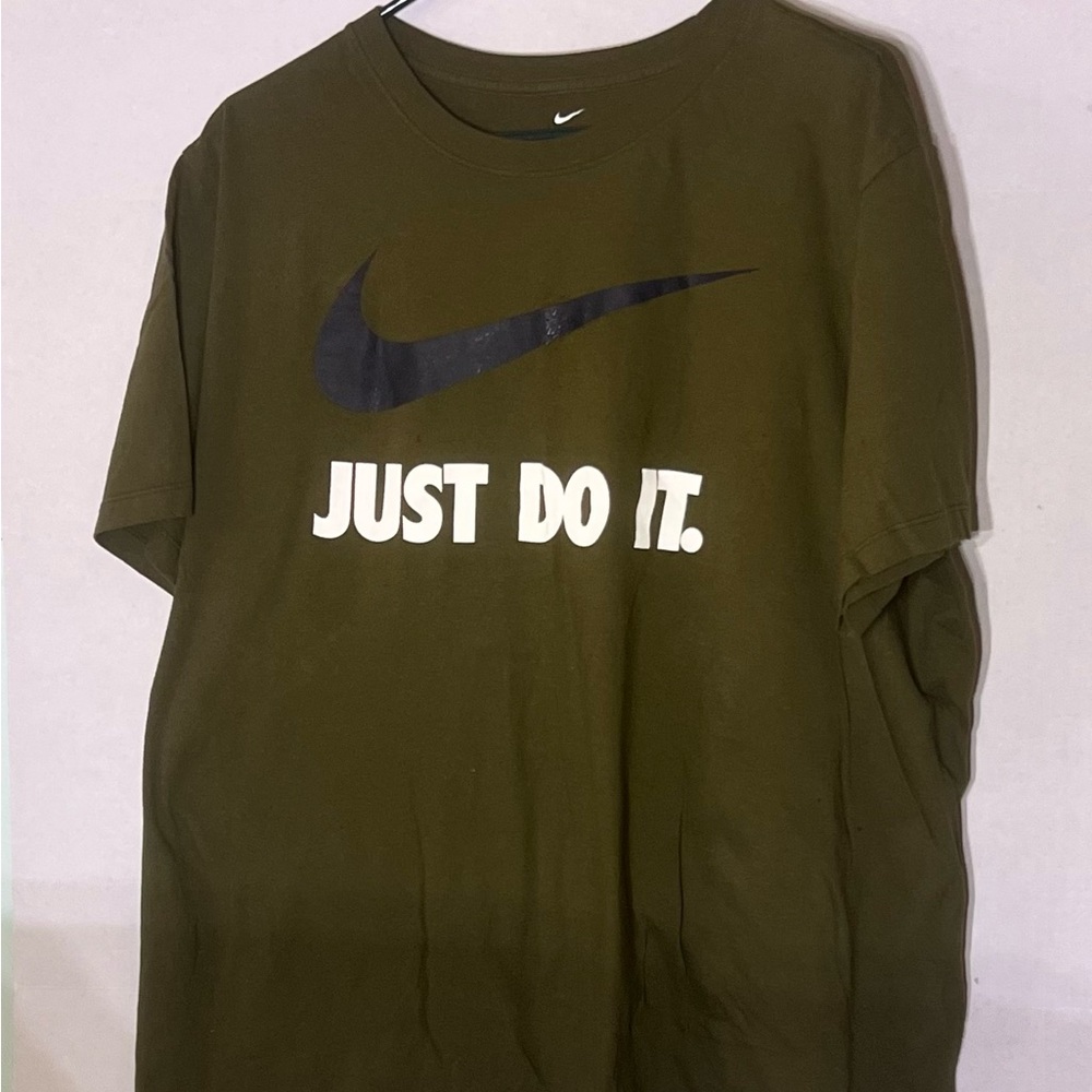 Nike Olive T-Shirt with blue Swoosh and Slogan